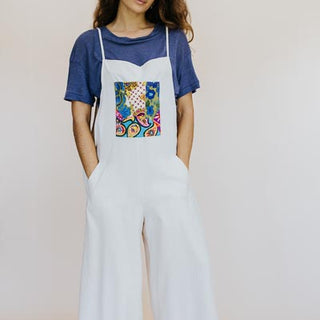 Wings Hawaii model wearing Sun Pocket Overalls in Sand