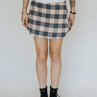 Plaid Flannel Mini Skirt - Peach & Grey