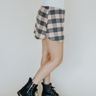 Plaid Flannel Mini Skirt - Peach & Grey