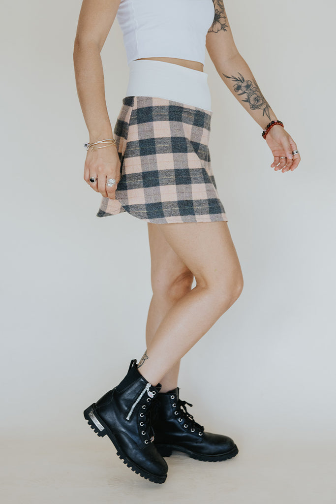 Plaid Flannel Mini Skirt - Peach & Grey
