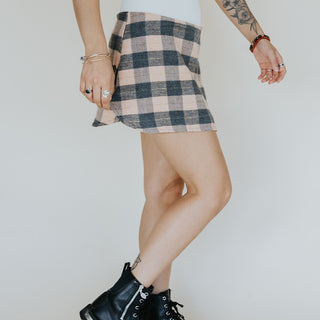 Plaid Flannel Mini Skirt - Peach & Grey