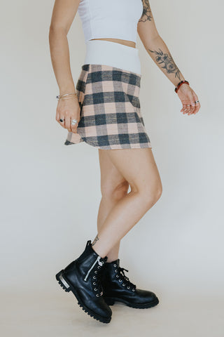 Plaid Flannel Mini Skirt - Peach & Grey