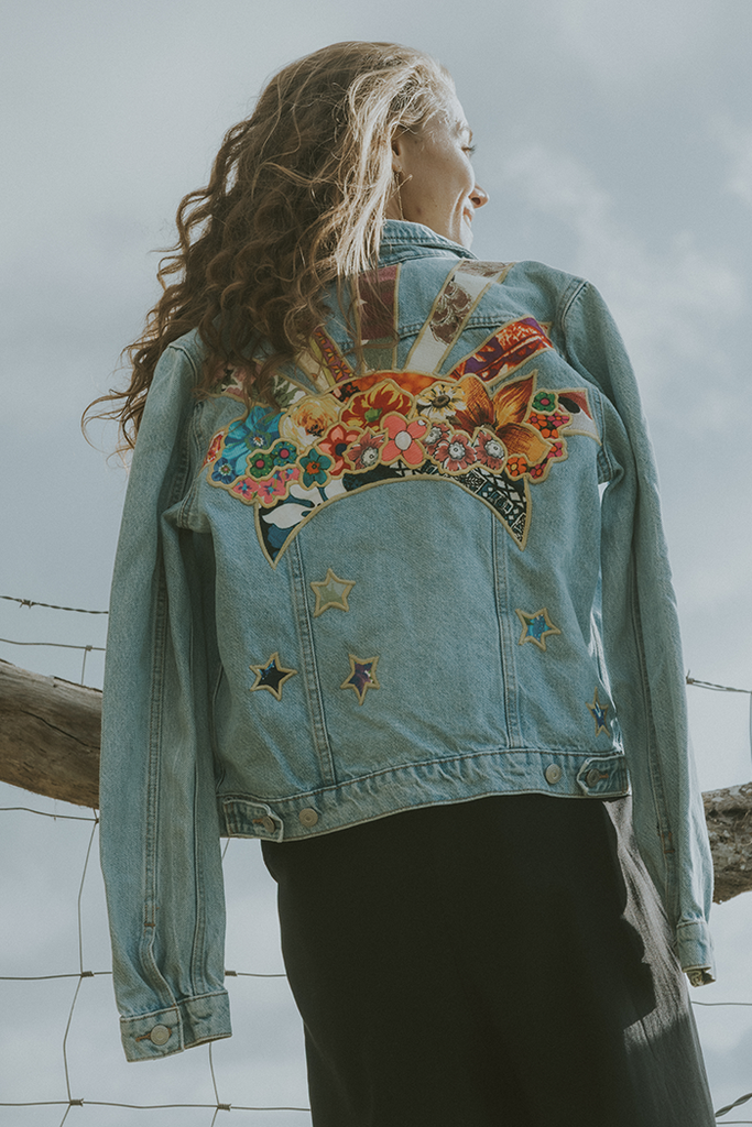 wings hawaii sun and moon collage upcycled denim jacket