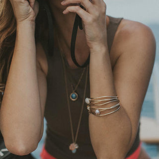 ti leaf bangle with pink fresh water pearls on gold filled hammered wire women's beachy boho mermaid style jewelry hand made haiku maui wings hawaii