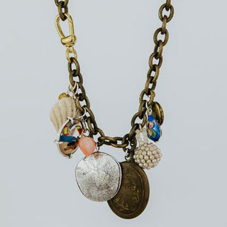 Wings Hawaii brass chain charm necklace with sand dollar, starfish, and shell charms and locket