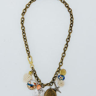 Wings Hawaii brass chain charm necklace with sand dollar, starfish, and shell charms and locket