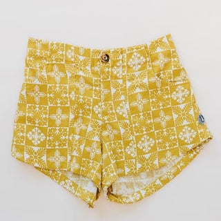 Wings Hawaii retro pocket shorts in quilted ulu and plumeria print in marigold - front