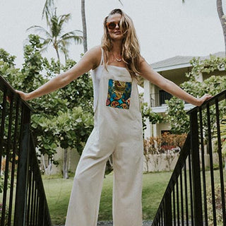 Wings Hawaii model wearing Sun Pocket Overalls in Sand