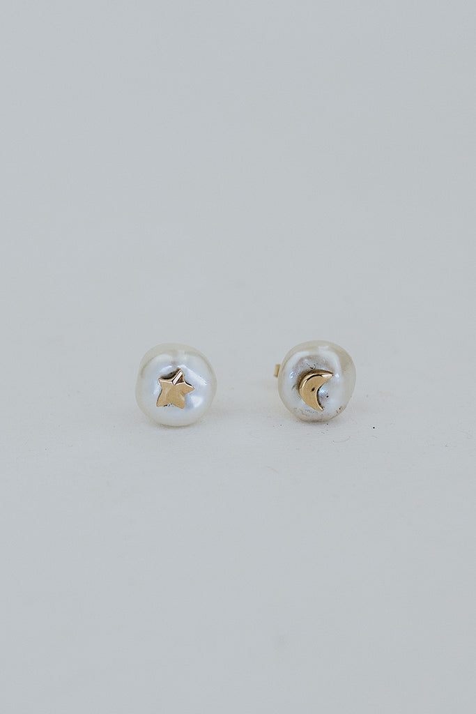 Moon + Star Inlay Studs - Pearl 14K