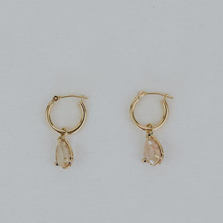 tear drop sunstone prong set and attached to clasping hoop earrings 14K