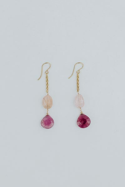 Wings Hawaii Good Karma earrings with aquamarine and ruby on gold-fill chain