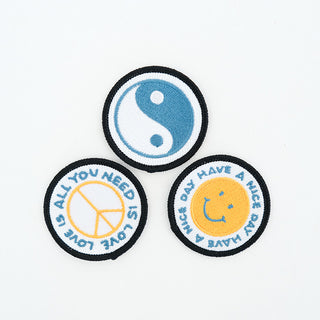 set of three embroidered patches, yin yang, all you need is love, have a nice day