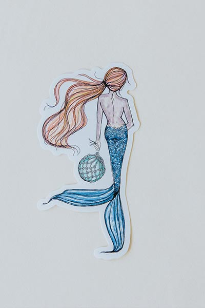 Wings Hawaii glass float mermaid sticker - red hair blue tail