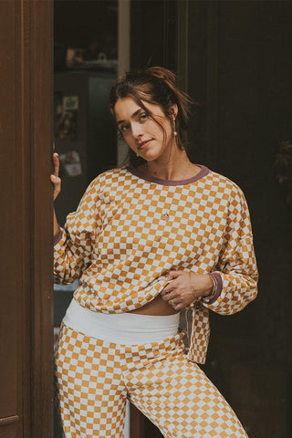 Boxy Long Sleeve - Tan and White Checker