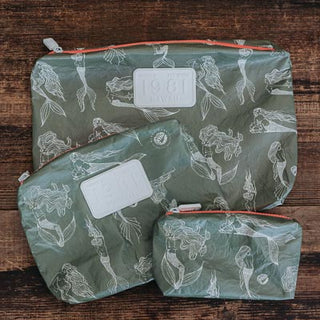 Wings Hawaii tyvek adventure pouches in mermaid party print in olive green