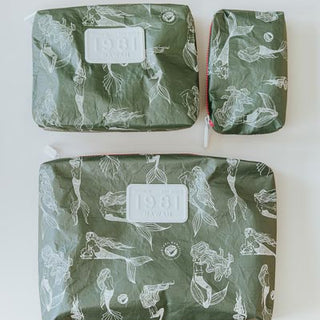 Wings Hawaii tyvek adventure pouches in mermaid party print in olive green