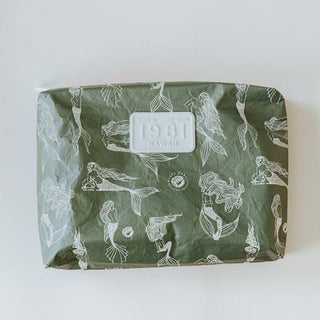 Wings Hawaii tyvek adventure pouches in mermaid party print in olive green