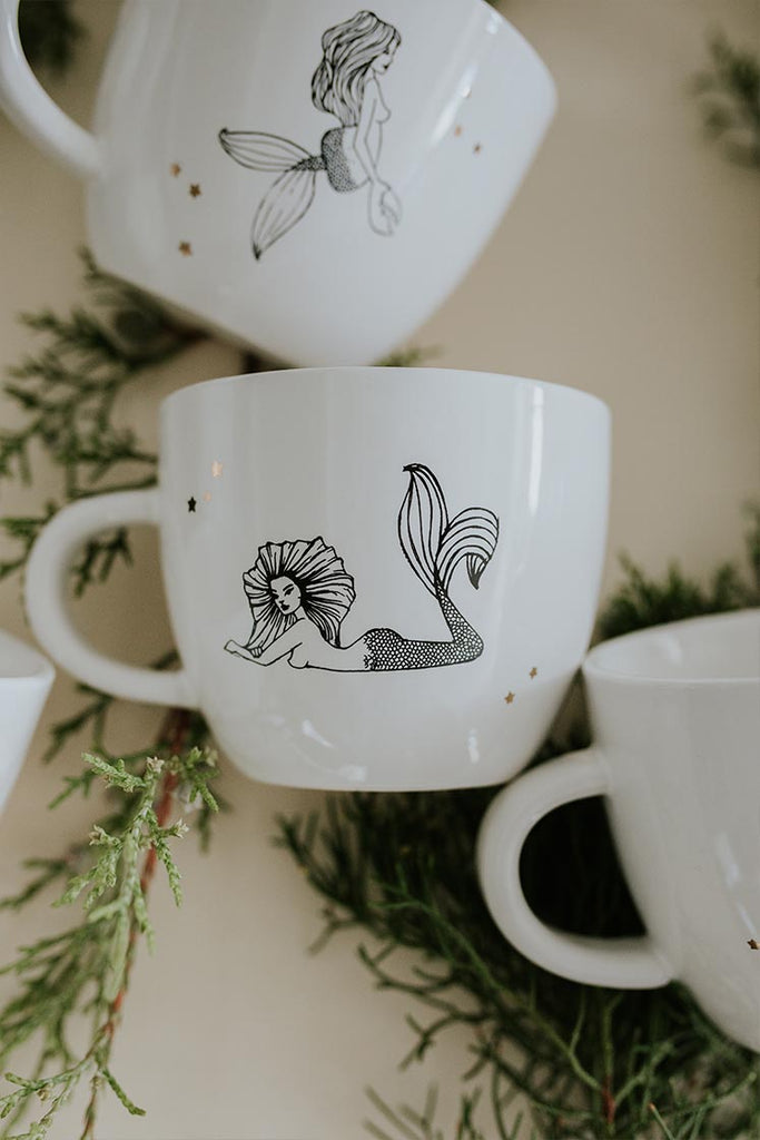 leo mermaid zodiac ceramic mug black and white wings hawaii