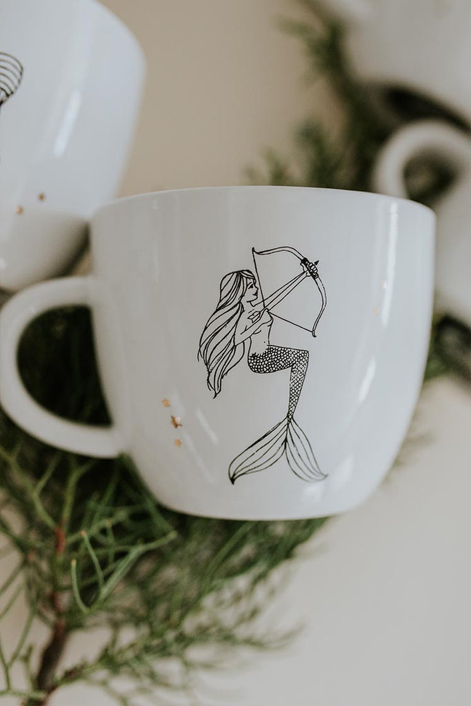 sagittarius mermaid zodiac ceramic mug black and white wings hawaii