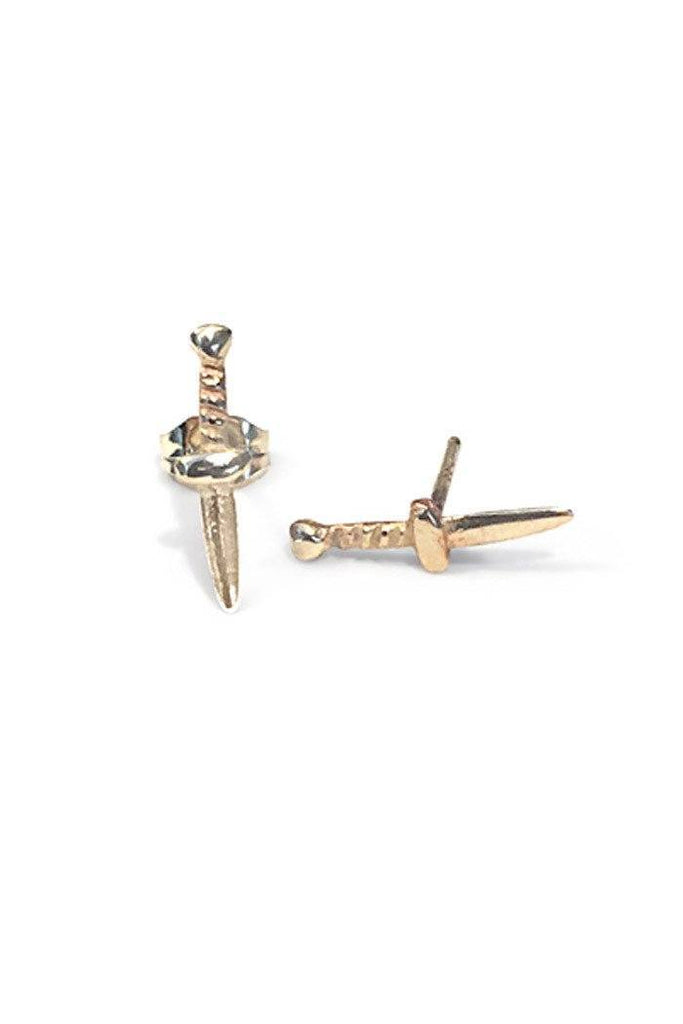 wings hawaii hand made tiny dagger stud earrings in sterling silver and 14k yellow gold