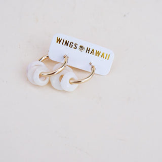 puka shell hoop earrings on gold filled wire women's jewelry beachy boho mermaid style casual and chic hand made in haiku maui wings hawaii