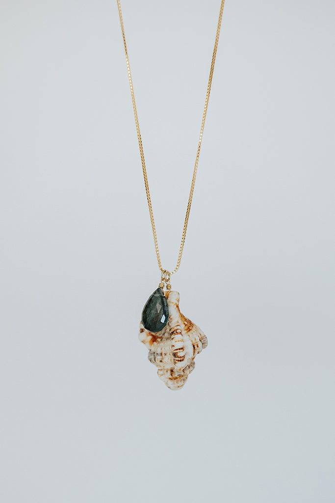 Gold Necklace with Hawaiian Seashell and Aquamarine