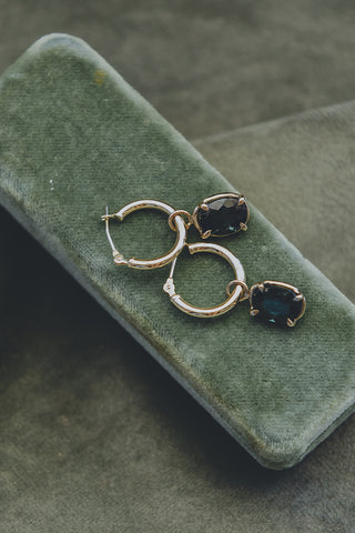 Prong Set Green Tourmaline on clapping hoop earrings 14K