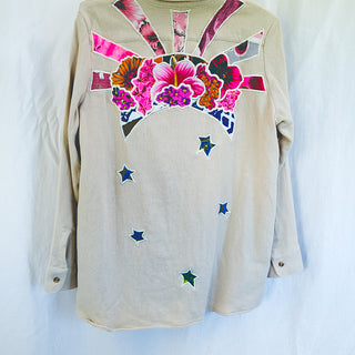 Button down blouse in bone color with sun moon collage patch on the back