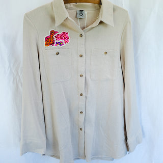Button down blouse in bone color with sun moon collage patch on the back