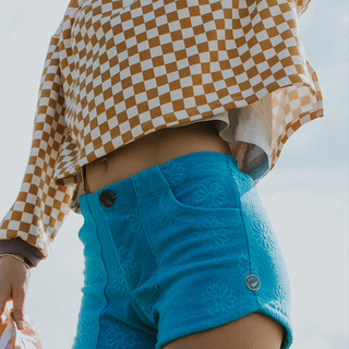 Retro Pocket Shorts - Aqua Daisy Terrycloth
