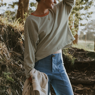 Boxy Long Sleeve - Green and White Stripe