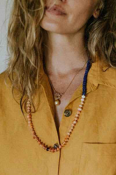 Beaded Lapis and Fire Opal Necklace