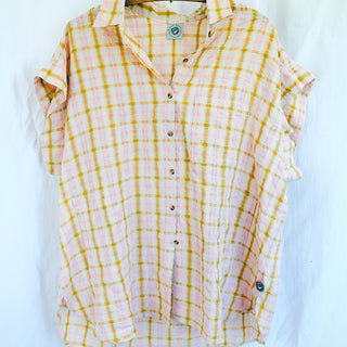 Short Sleeve Pocket Blouse - Yellow and Pink Plaid