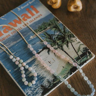Aquamarine Round Beaded Necklace - Pink + Teal