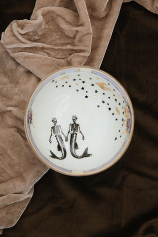 Wings Hawaii Star Crossed Lovers Jewelry Dish vintage bowl with to skeleton mermaids, stars, planets and pansies