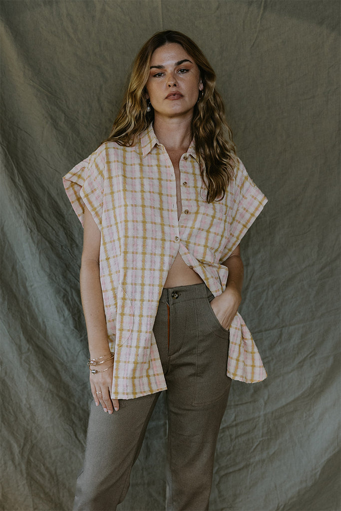 Short Sleeve Pocket Blouse - Yellow and Pink Plaid