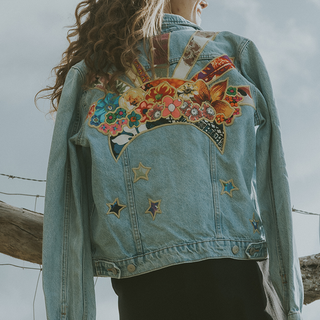 wings hawaii sun and moon collage upcycled denim jacket