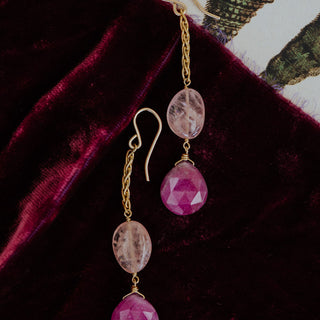 Wings Hawaii Good Karma earrings with aquamarine and ruby on gold-fill chain 