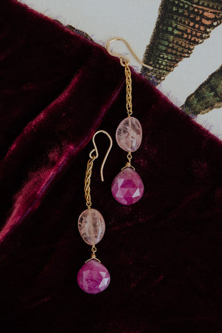 Wings Hawaii Good Karma earrings with aquamarine and ruby on gold-fill chain 