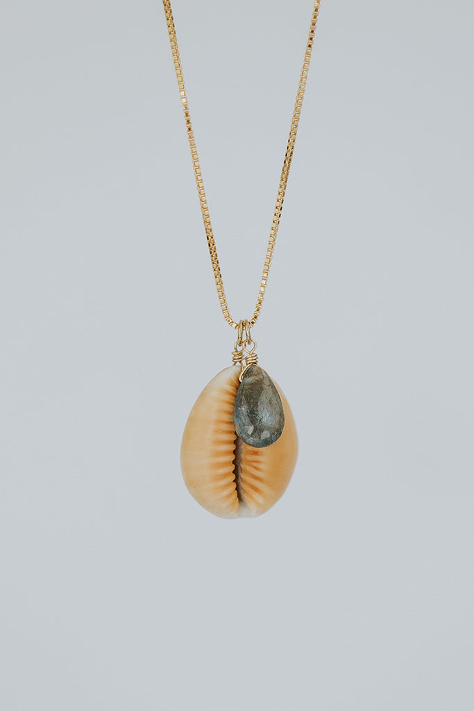 Gold Chain with Hawaiian Seashell and aquamarine gemstone charm necklace 