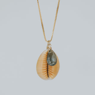 Gold Chain with Hawaiian Seashell and aquamarine gemstone charm necklace 