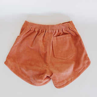 Wings Hawaii retro pocket shorts in coral orange corduroy. Back pocket
