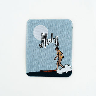 surfer girl with full moon and "Aloha" text embroidered patch