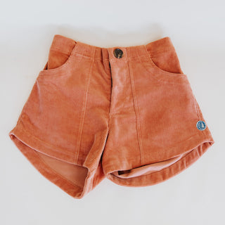 Wings Hawaii retro pocket shorts in coral orange corduroy. Front pockets