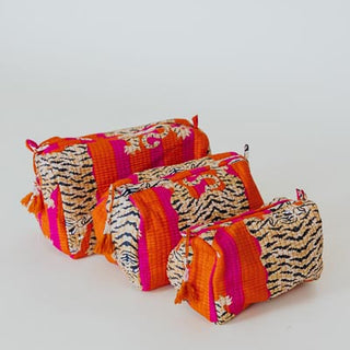 Kantha Toiletry Pouches - Pink Orange Stripe Tiger