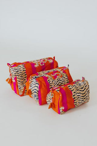 Kantha Toiletry Pouches - Pink Orange Stripe Tiger