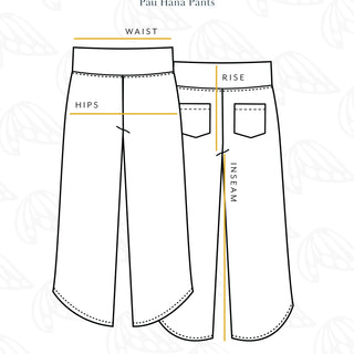 Measurement guide for Wings Hawaii Pau Hana Pants with labeled parts and instructions.