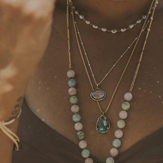 Aquamarine Round Beaded Necklace - Pink + Teal