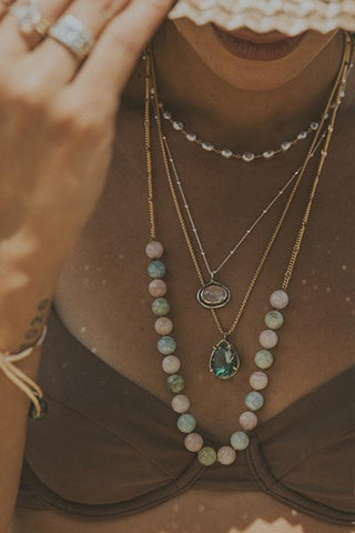 Aquamarine Round Beaded Necklace - Pink + Teal