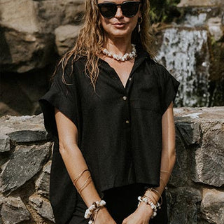 Model wearing Classic Black Boxy Button-up